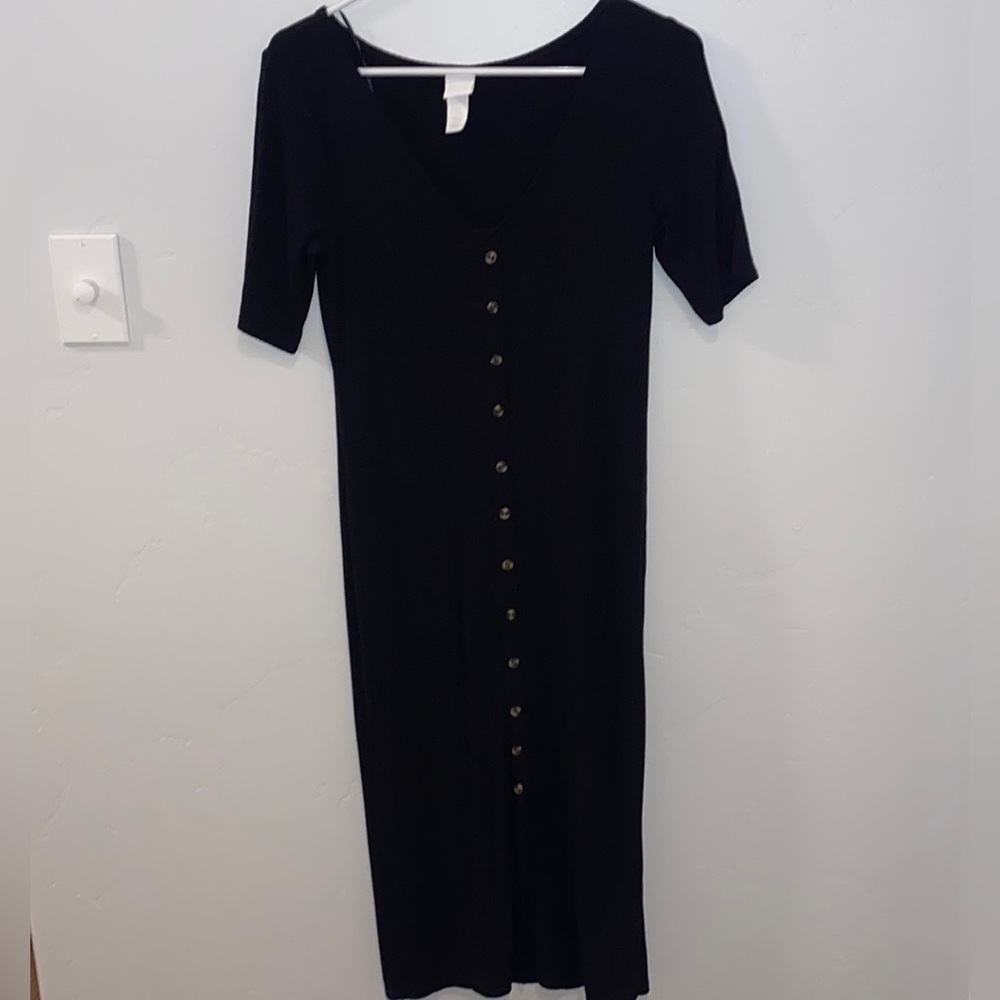 H&M Black Midi Slim V-Neck Button Dress Womens Size S
